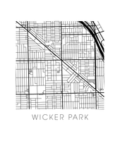 Load image into Gallery viewer, Wicker Park Map Black and White Print - illinois Black and White Map Print