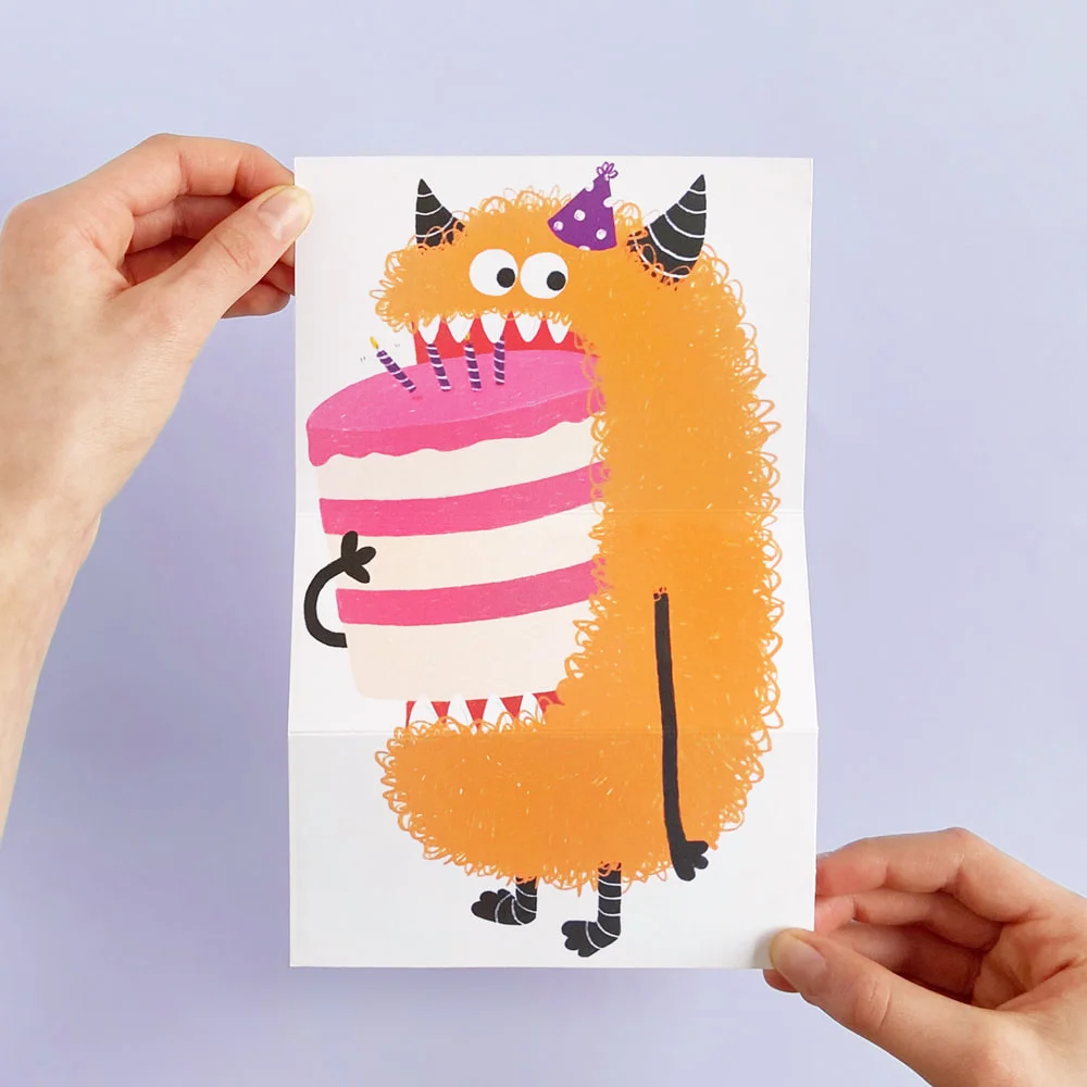 Carte de souhait à déplier - Monstre et Gâteau