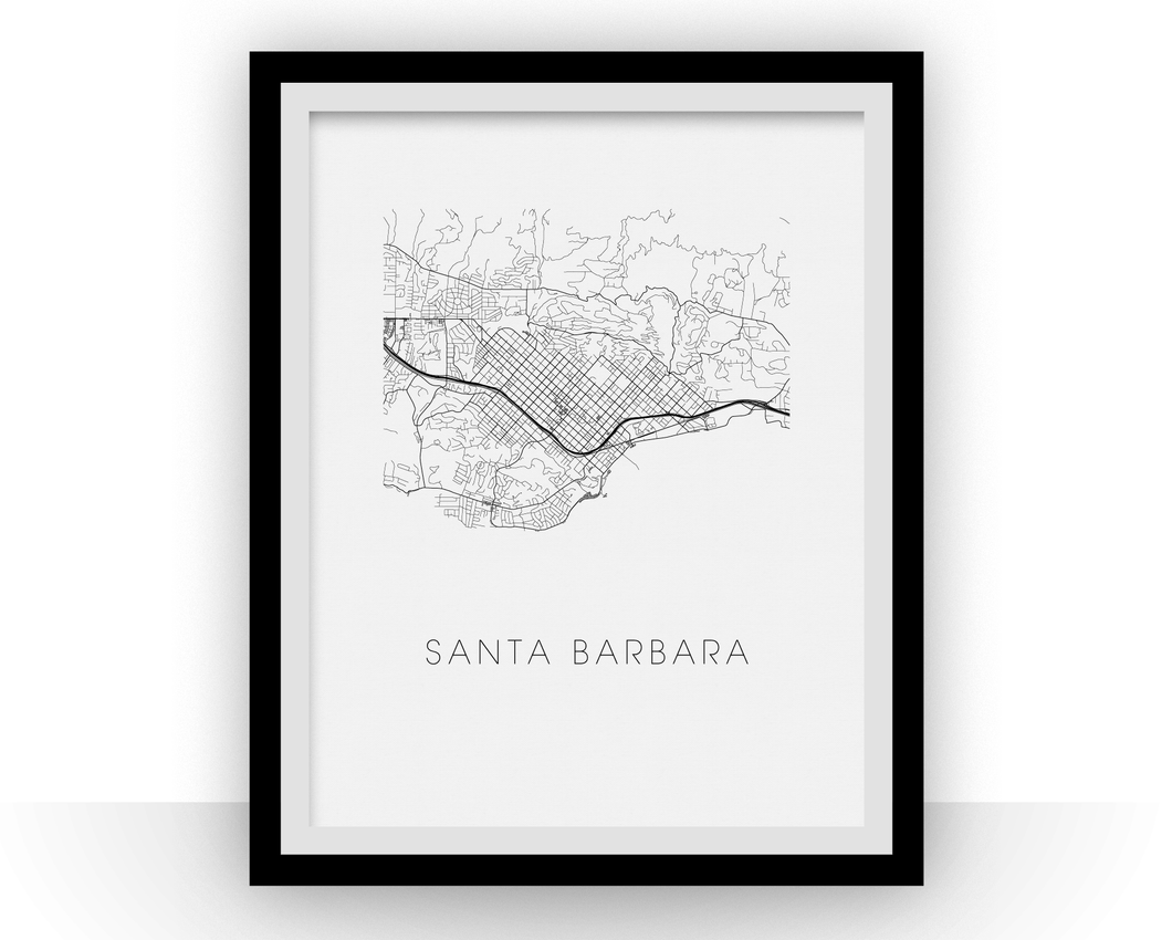 Affiche cartographique de Santa Barbara - Style Noir et Blanc