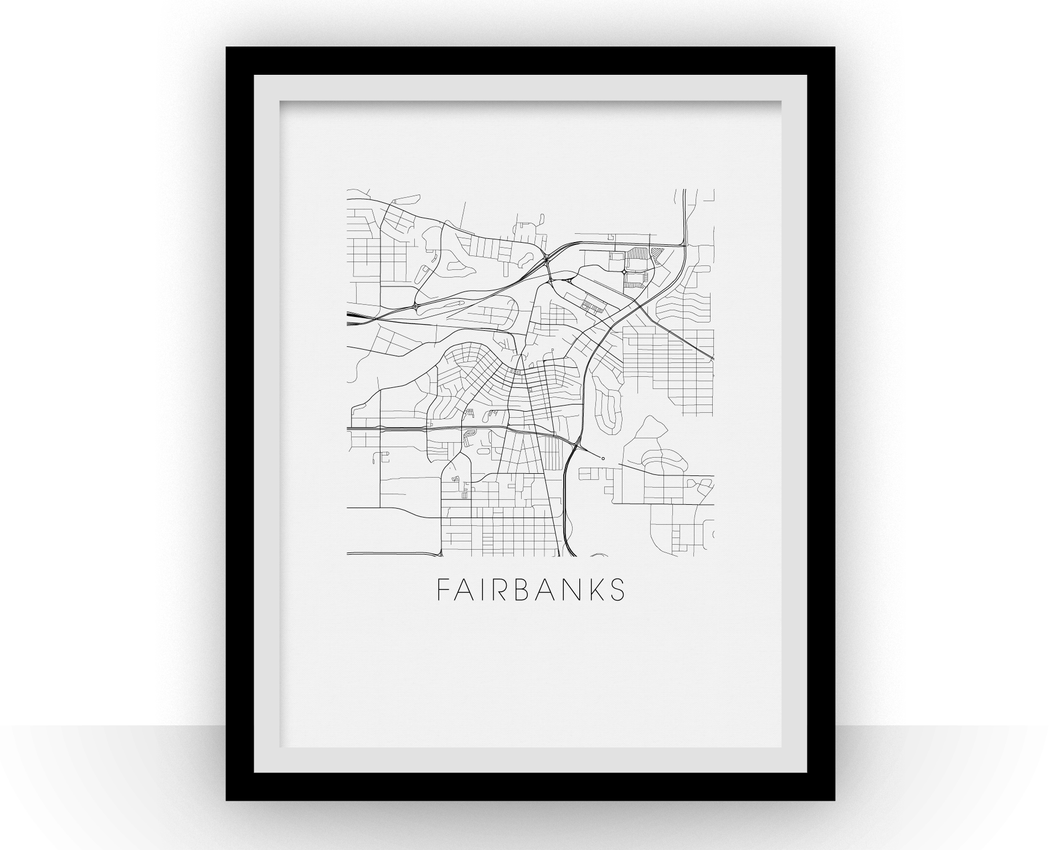 Affiche cartographique de Fairbanks - Style Noir et Blanc