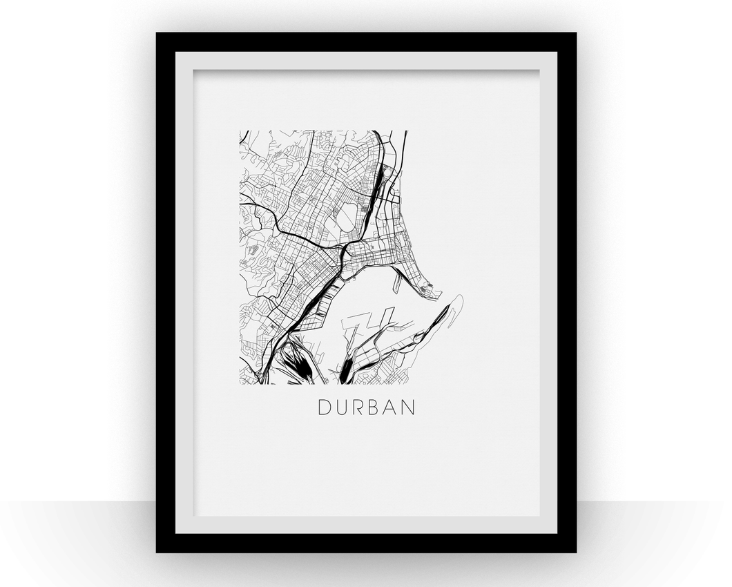 Affiche cartographique de Durban - Style Noir et Blanc