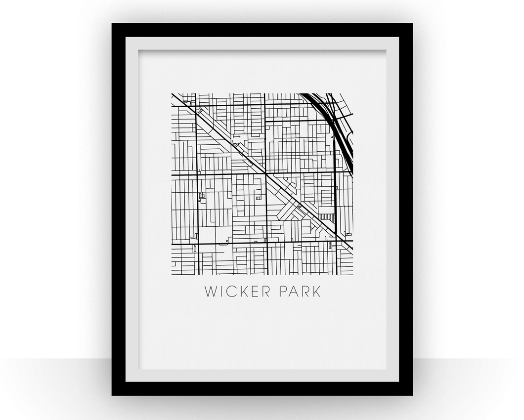 Wicker Park Map Black and White Print - illinois Black and White Map Print