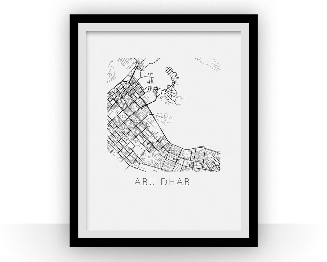 Abu Dhabi Map Black and White Print - uae Black and White Map Print