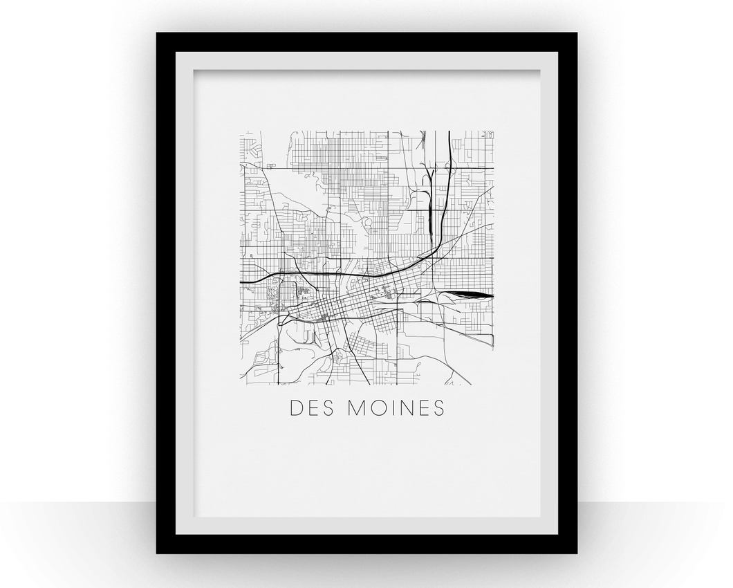 Affiche cartographique de Des Moines - Style Noir et Blanc