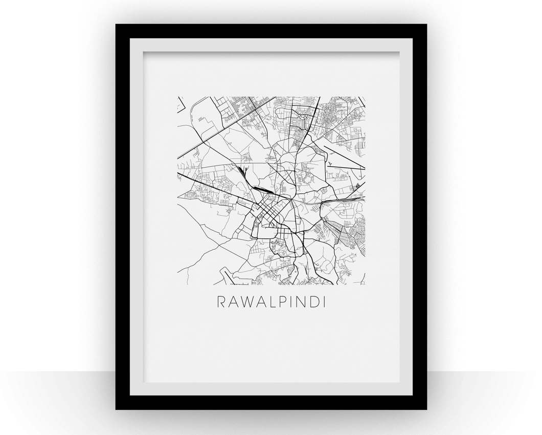 Affiche cartographique de Rawalpindi - Style Noir et Blanc