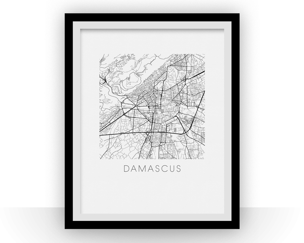 Affiche cartographique de Damas - Style Noir et Blanc